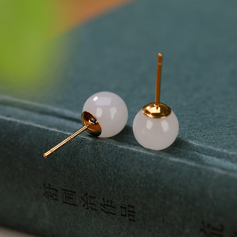 KarmaRipple's 925 Sterling Silver Round Ivory Jade Blessing Stud Earrings p7