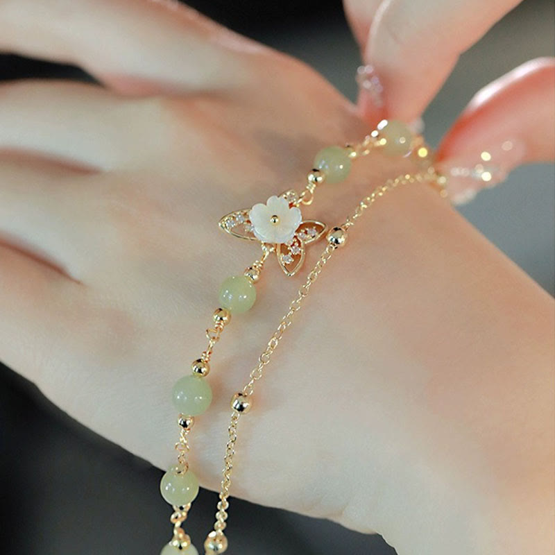 KarmaRipple's 14K Gold Plated Jade Butterfly Tridacna Stone Flower Double Layer Fortune Bracelet p3