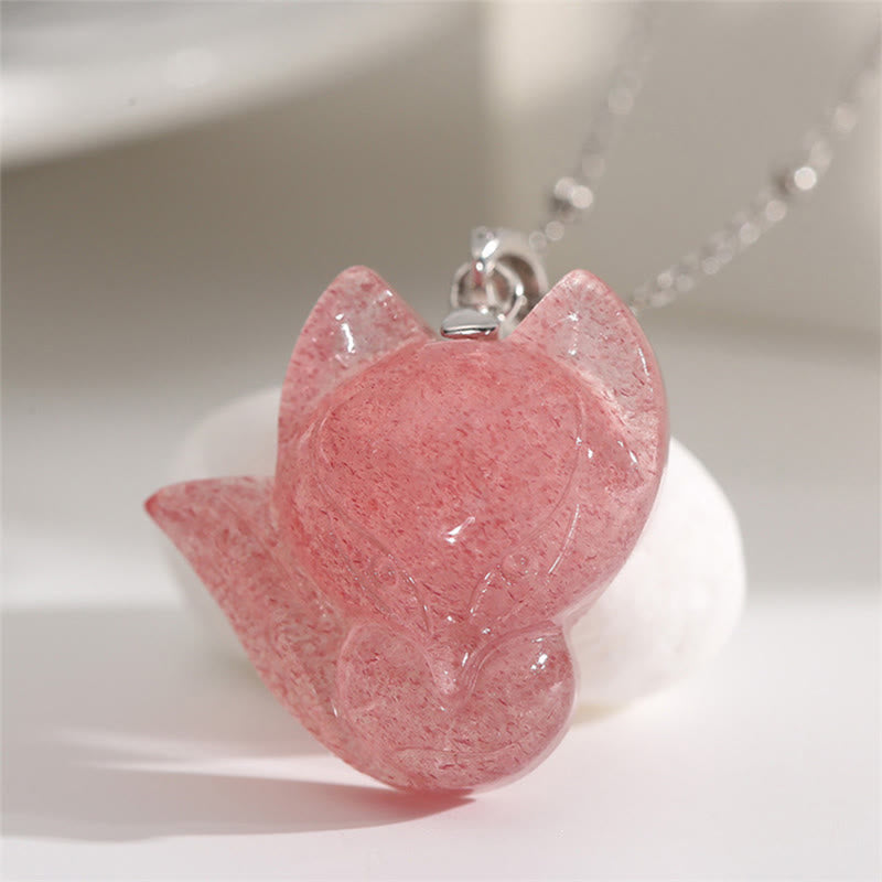 KarmaRipple's 14k Gold Plated 925 Sterling Silver Strawberry Quartz Fox Balancing Pendant Necklace p2