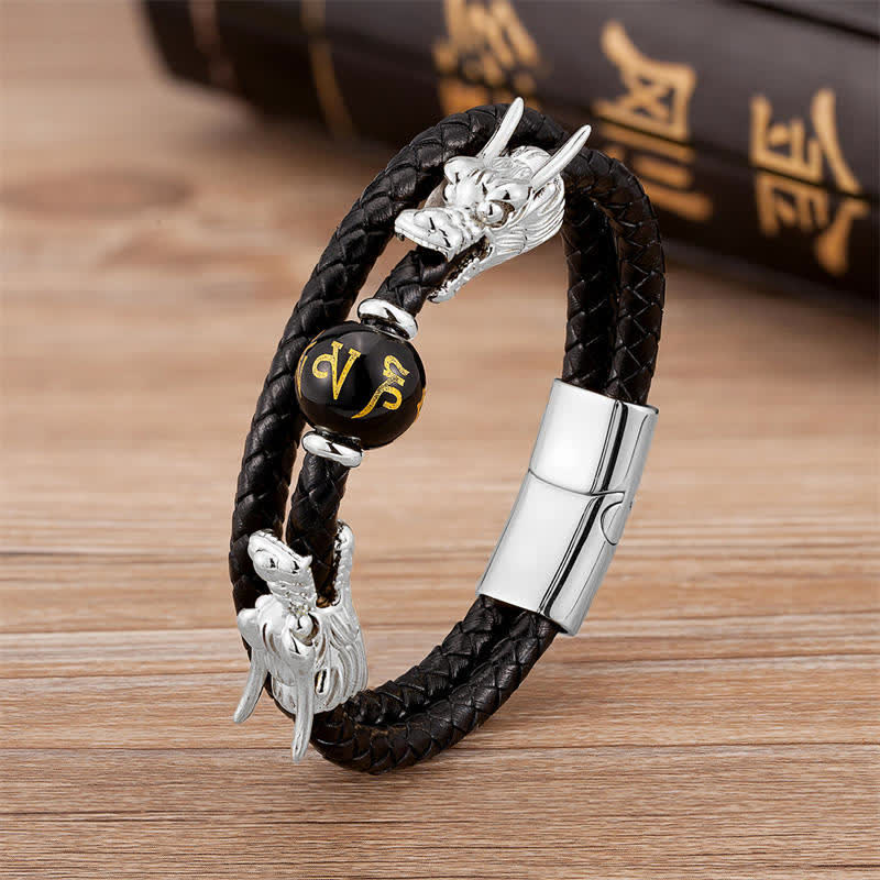 KarmaRipple's Double Dragon Head Leather Stone Titanium Steel Success Bracelet ( p5