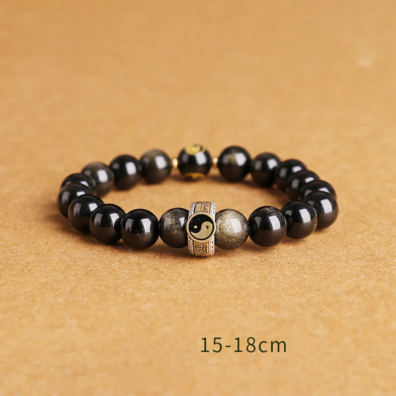KarmaRipple's 925 Sterling Silver Black Obsidian Gold Sheen Obsidian Silver Sheen Obsidian Yin Yang Protection Bracelet p31