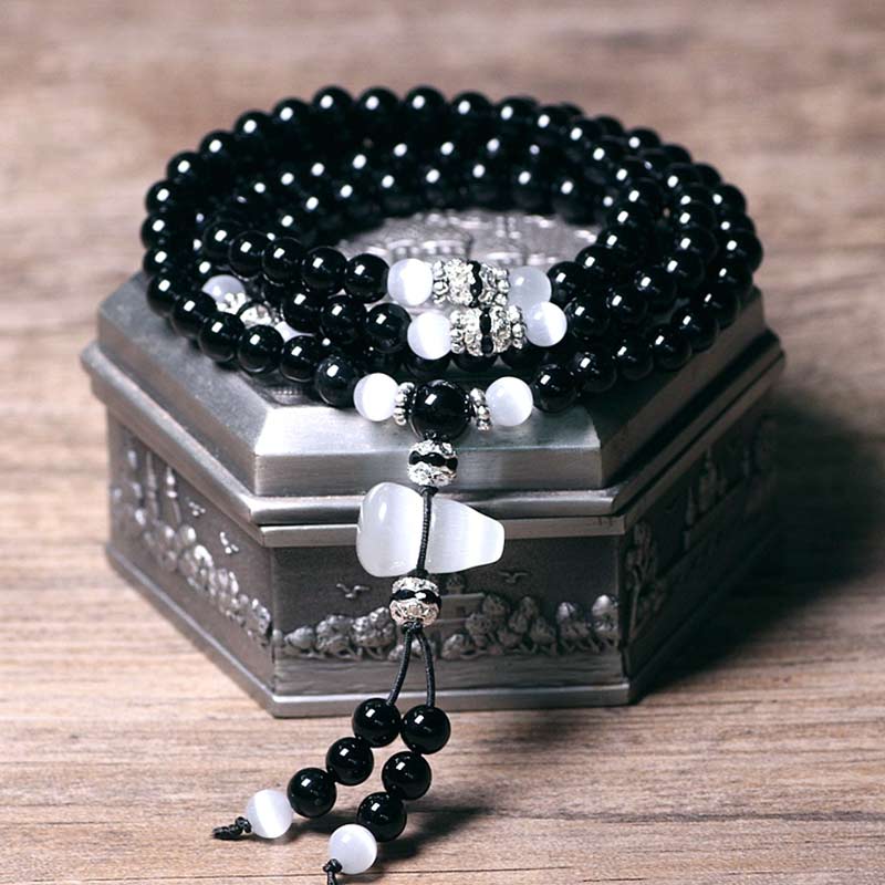 KarmaRipple's Black Onyx Ivory Gemstone Bead Meditation Bracelet p1
