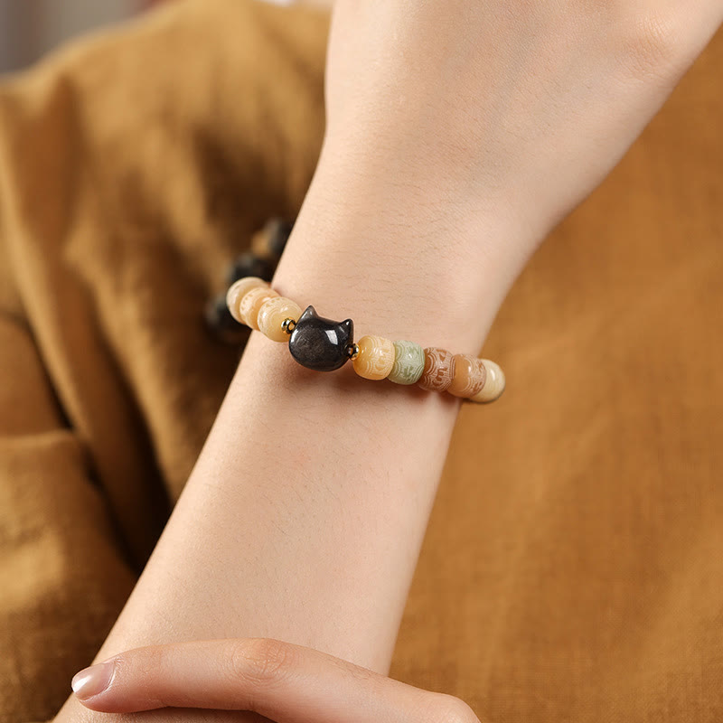 KarmaRipple's Bodhi Seed Silver Sheen Obsidian Cat Head Om Mani Padme Hum Engraved Balance Bracelet p4