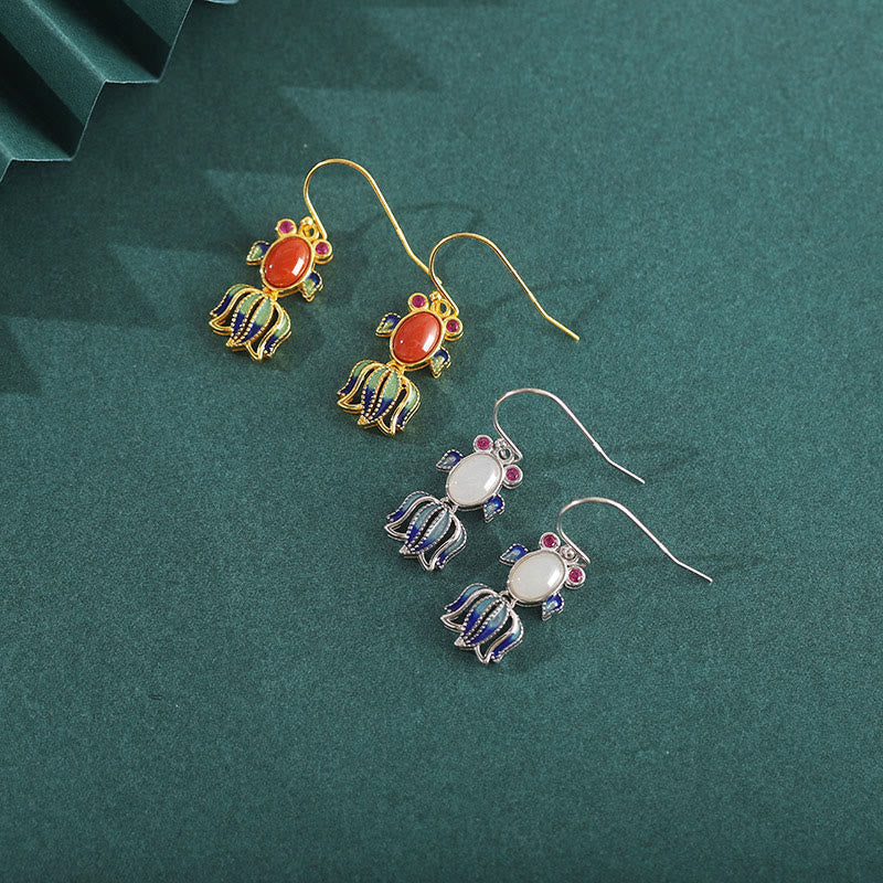 KarmaRipple's 925 Sterling Silver Hetian Ivory Jade Red Agate Cute Fish Happiness Drop Earrings p5