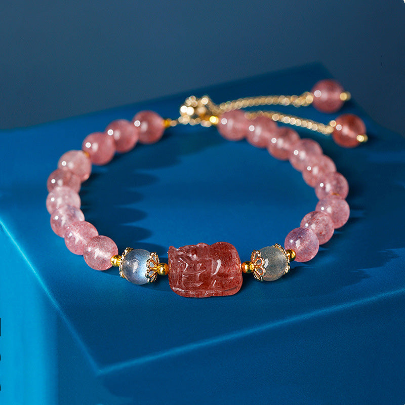 KarmaRipple's Aquamarine Strawberry Quartz Amethyst Moonstone PiXiu Balancing Bracelet p1