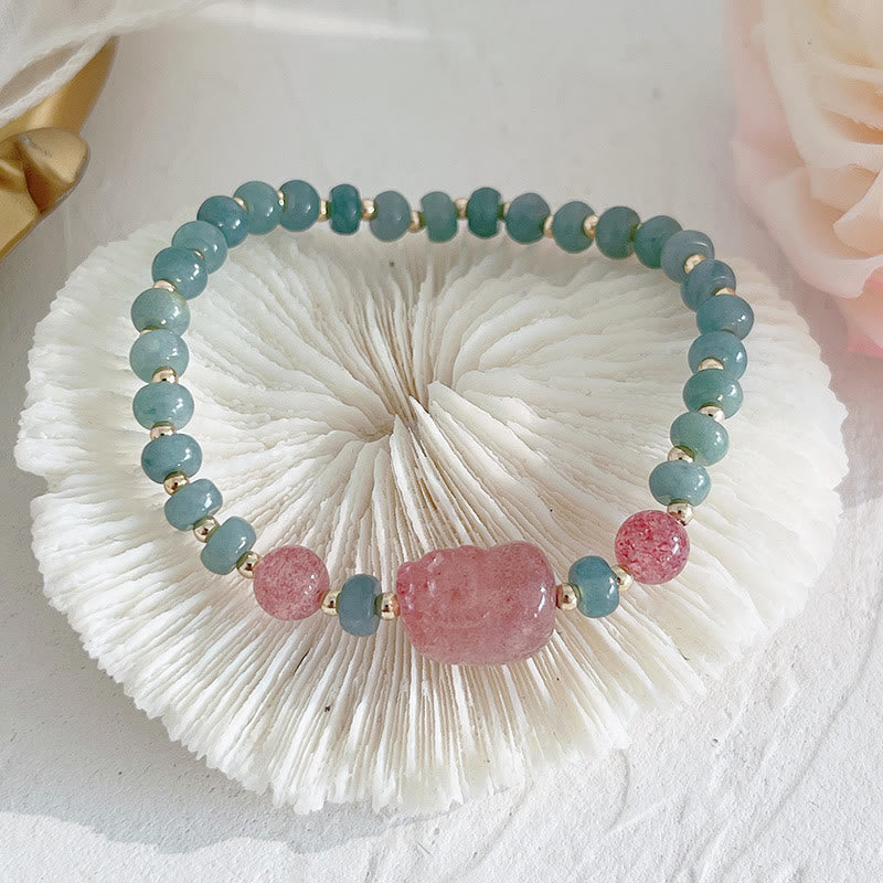 KarmaRipple's Authentic Hetian Jade Pearl Peace Buckle Fu Character Gourd Money Bag Strawberry Quartz PiXiu Fortune Bracelet p24
