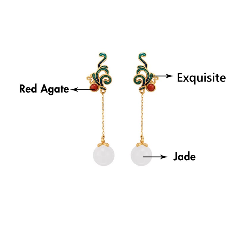 KarmaRipple's Vintage Ivory Jade Red Agate Bead Blessing Drop Dangle Earrings p10