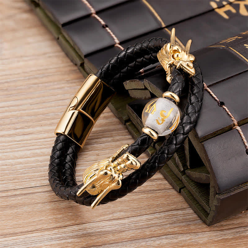 KarmaRipple's Double Dragon Head Leather Stone Titanium Steel Success Bracelet ( p3