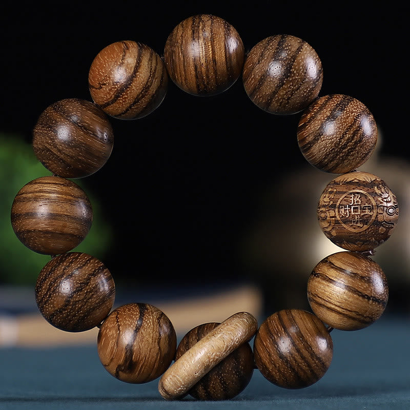 KarmaRipple's Chinese Zodiac Rosewood Green Sandalwood Ebony Wood Bronze Coin Carved Calm Bracelet p16