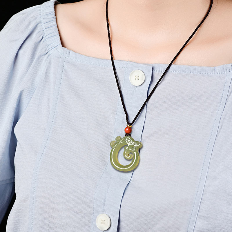 KarmaRipple's Ivory Jade Cyan Jade Dragon Protection Pendant String Necklace p4