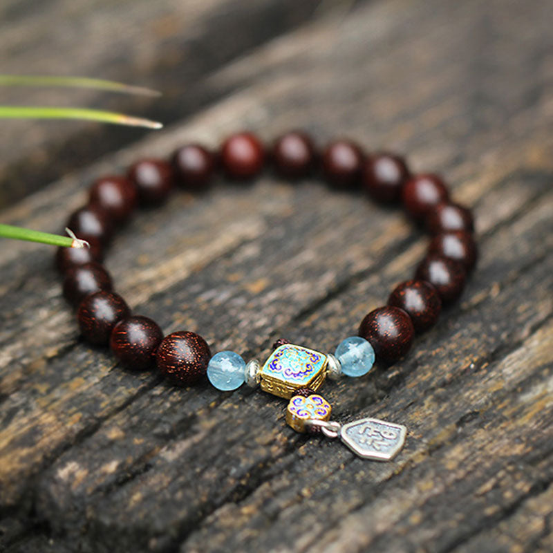 KarmaRipple's 925 Sterling Silver Indian Small Leaf Red Sandalwood Aquamarine Full of Gold Star Chinese Knotting Blessing Bracelet p15