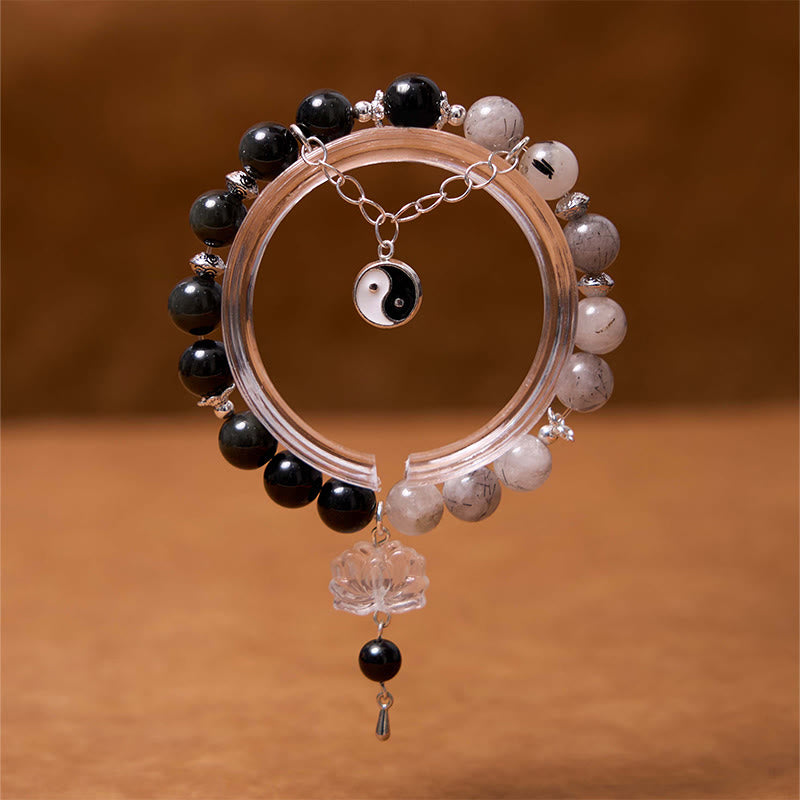 KarmaRipple's Silver Sheen Obsidian Crackle Clear Quartz Black Rutilated Quartz Yin Yang Lotus Protection Bracelet p19