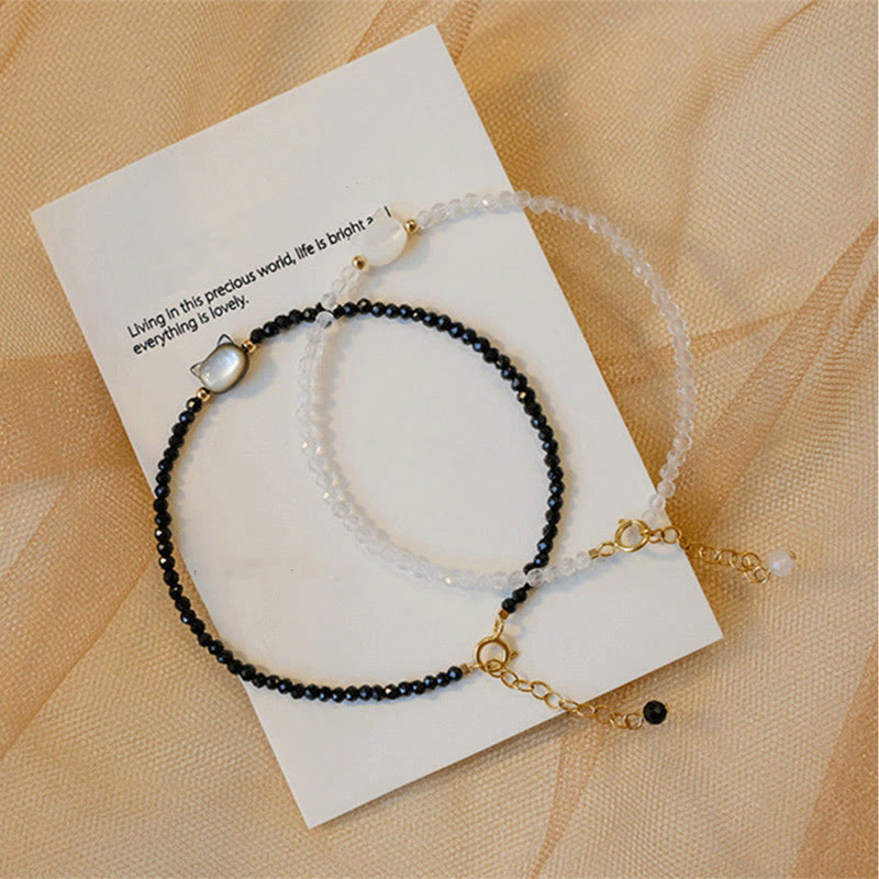 KarmaRipple's 14K Gold Plated Black Spinel Ivory Gemstone Cute Cat Tridacna Stone Balancing Bracelet p16