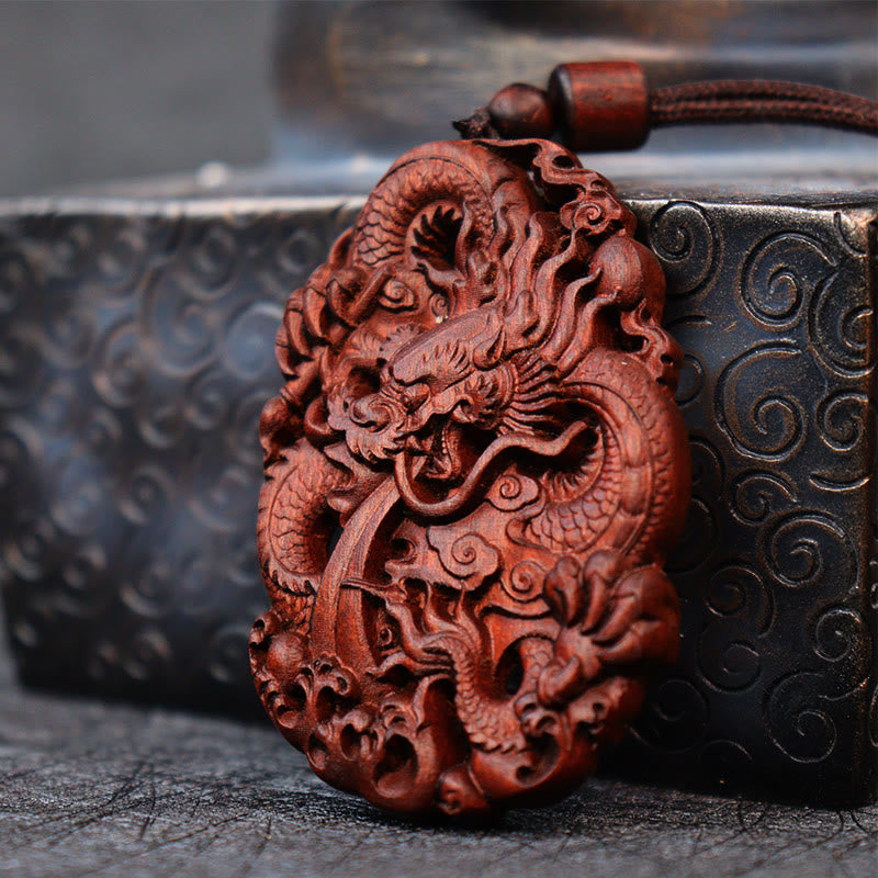 KarmaRipple's Lightning Struck Jujube Wood Double Dragon Relief Ward Off Evil Spirits Pendant Necklace p2