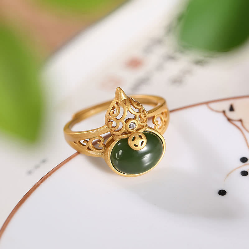 KarmaRipple's Gourd Cyan Jade Bronze Coin Success Fortune Adjustable Ring p2