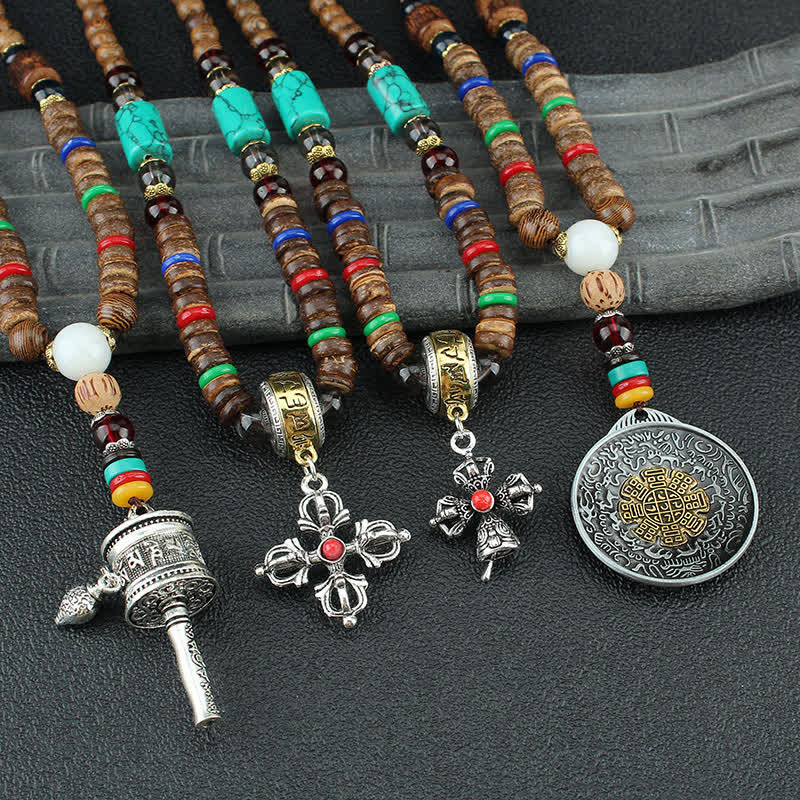 KarmaRipple's Tibetan Om Mani Padme Hum Prayer Wheel Rotation Vajra Wood Pendant Necklace p18