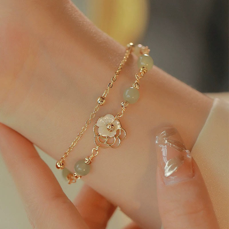 KarmaRipple's 14K Gold Plated Jade Butterfly Tridacna Stone Flower Double Layer Fortune Bracelet p12