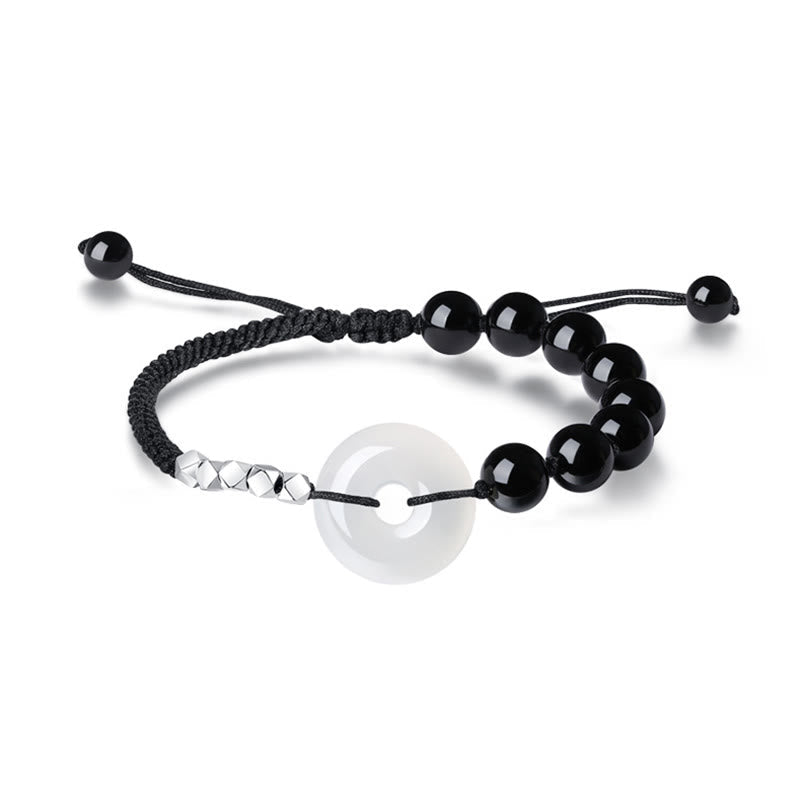 KarmaRipple's 925 Sterling Silver Black Obsidian Agate Peace Buckle Strength Bracelet p10