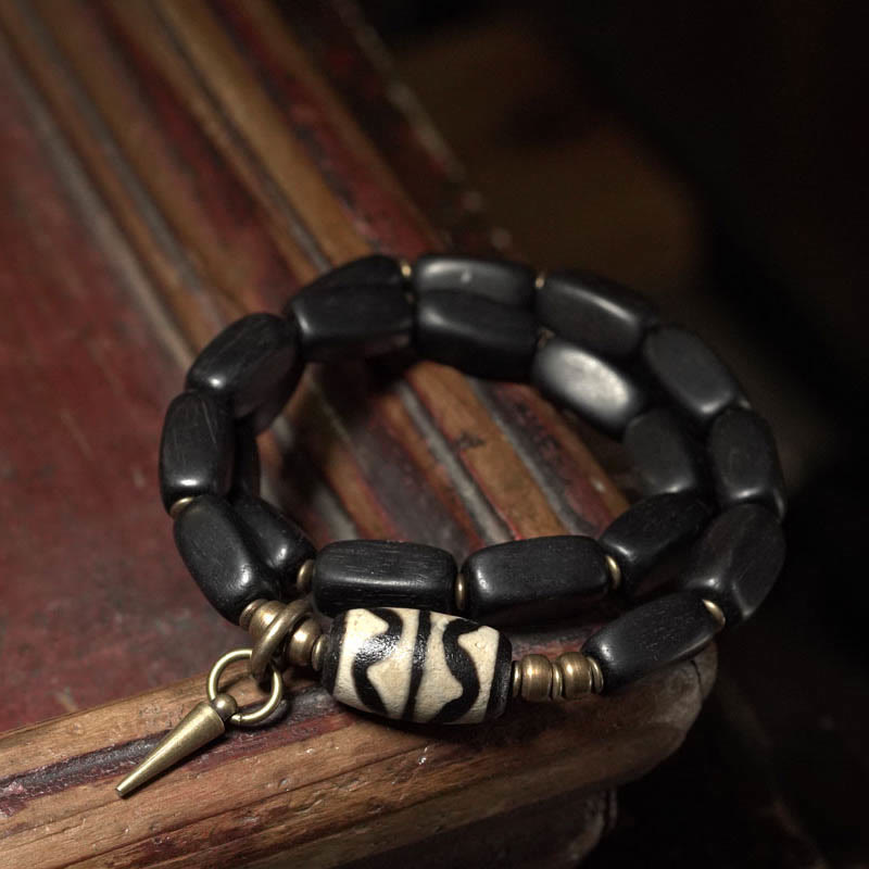 KarmaRipple's Tibet Ebony Wood Dzi Bead Bronze Balance Double Wrap Bracelet p10