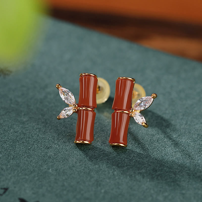KarmaRipple's 925 Sterling Silver Hetian Cyan Jade Ivory Jade Red Agate Bamboo Pattern Fortune Stud Earrings p3