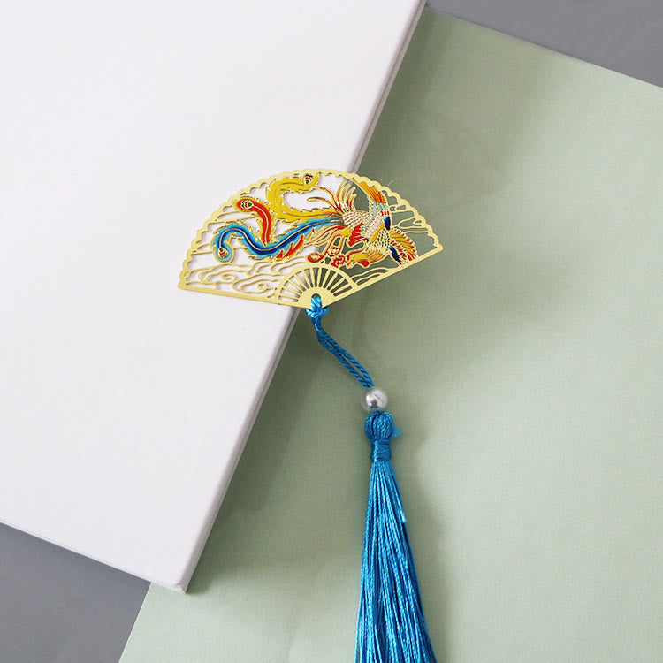 KarmaRipple's Traditional Butterfly Lotus Flower Crane Dragon Phoenix Fox Koi Fish New Beginning Metal Brass Hollow Fan Bookmarks p34