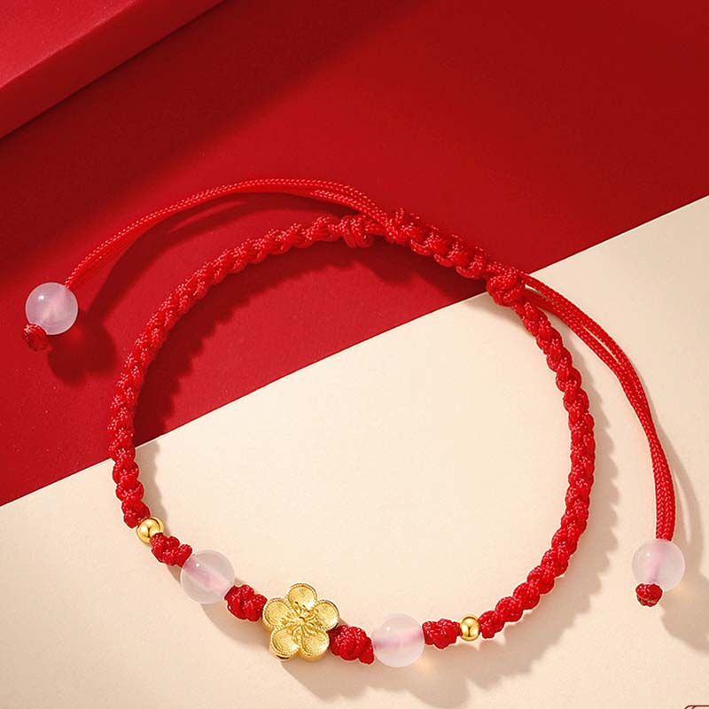 KarmaRipple's Handmade 925 Sterling Silver Peach Blossom Cherry Sakura Chalcedony Bead Fortune Red Rope Bracelet p3