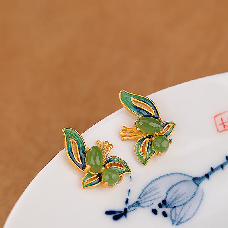 KarmaRipple's 925 Sterling Silver Plated Gold Authentic Cyan Jade Butterfly Fortune Balancing Earrings p4