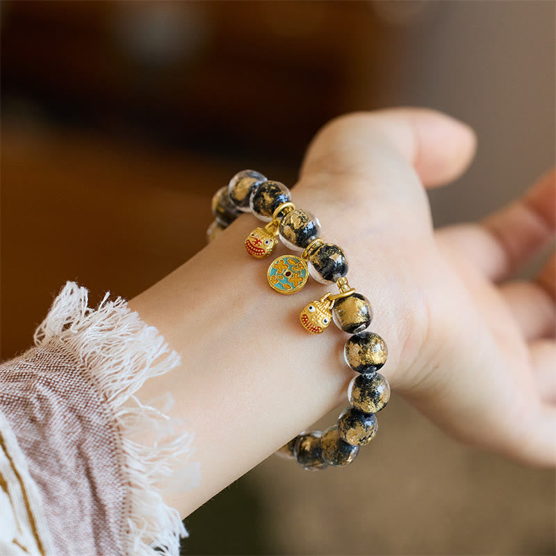 KarmaRipple's Gold Swallowing Beast Bronze Coin Good Fortune Talisman Liuli Glass Bead Fortune Bracelet p4