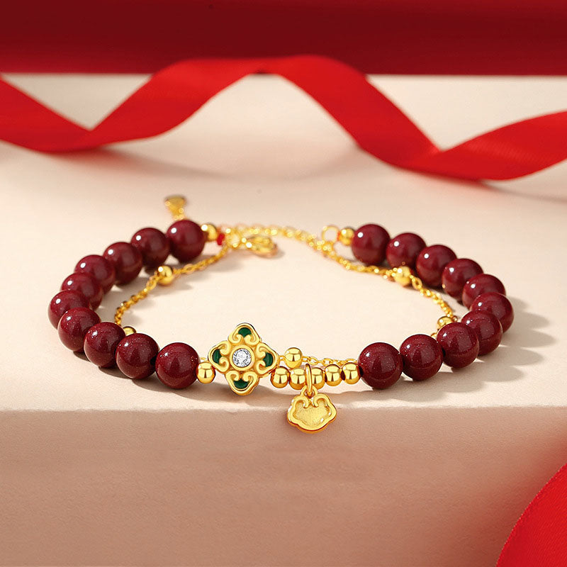 KarmaRipple's 925 Sterling Silver Authentic Cinnabar Four Leaf Clover Flower Blessing Chain Bracelet p1