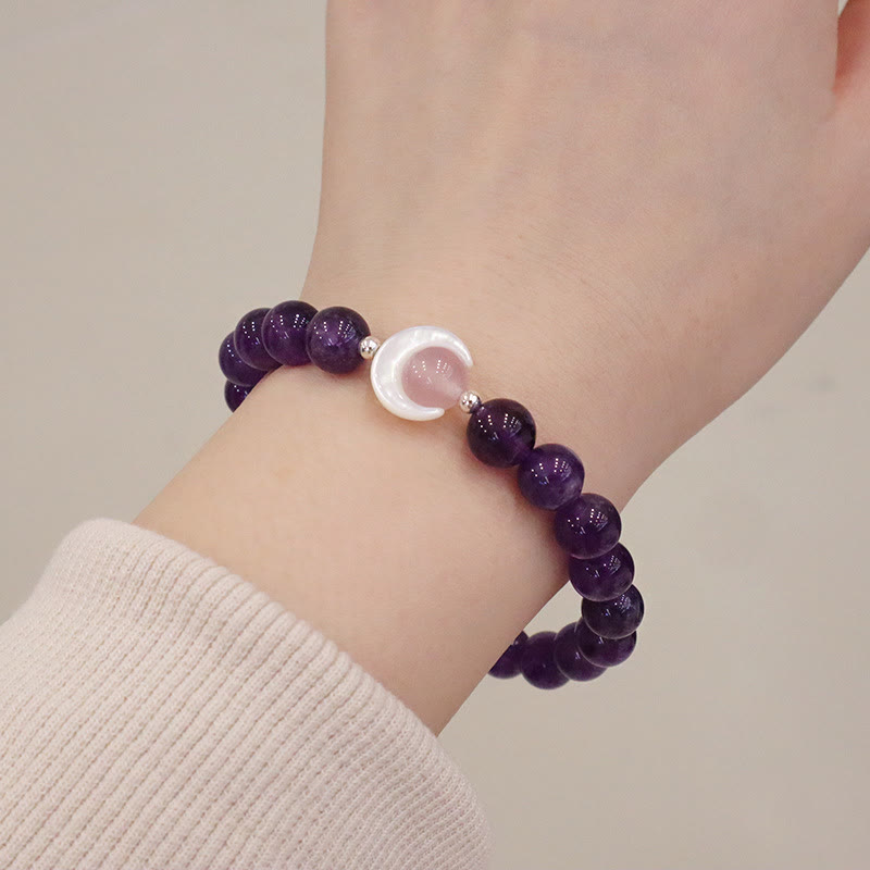KarmaRipple's 925 Sterling Silver Authentic Amethyst Aquamarine Pink Gemstone Cat's Eye Balancing Crescent Moon Bracelet p1