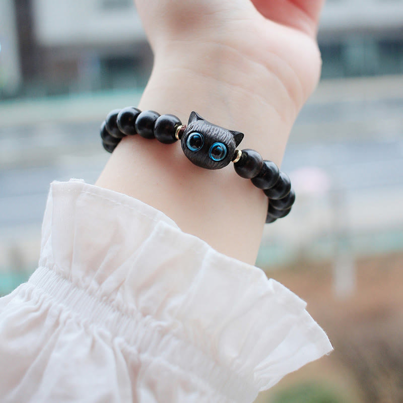 KarmaRipple's Ebony Wood Green Sandalwood Cute Cat Peace Bracelet p5