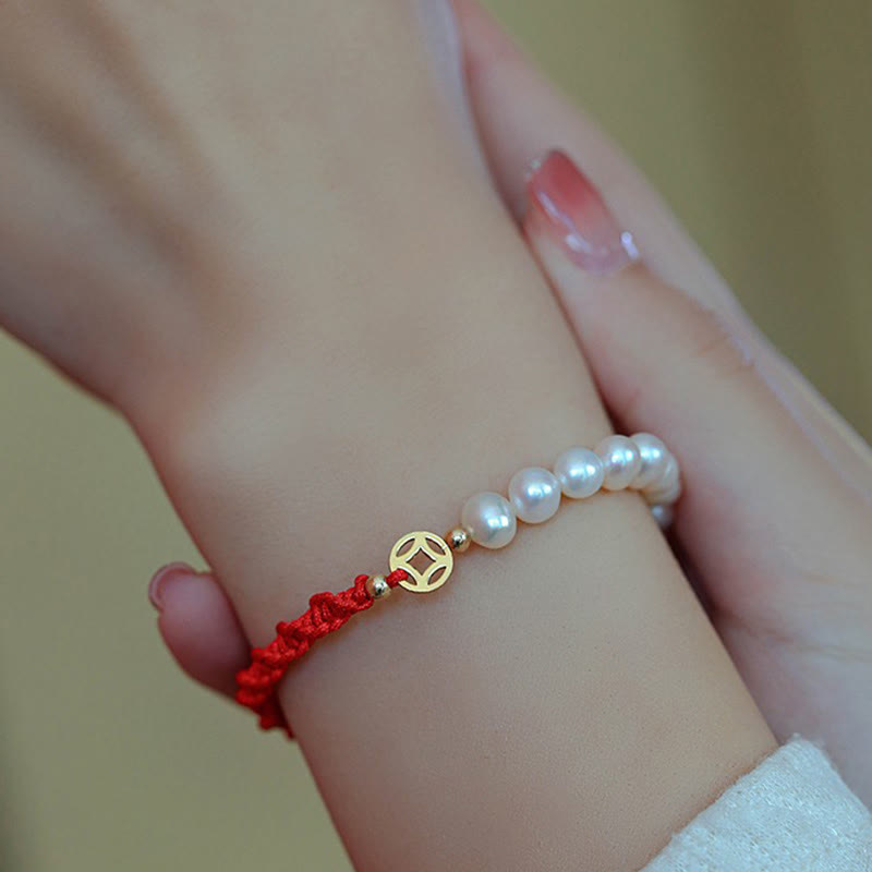 KarmaRipple's 14K Gold Plated Pearl Bead Fortune Protection Braid Red String Bracelet p11