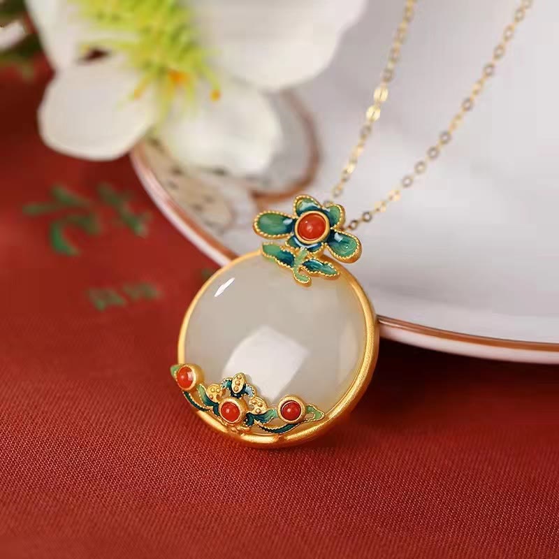 KarmaRipple's Ivory Jade Red Agate Flower Blessing Fortune Pendant Necklace p1