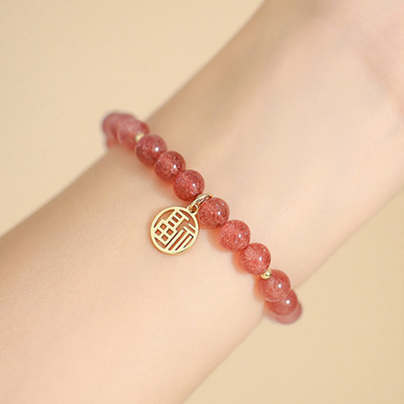 KarmaRipple's 14K Gold Plated Strawberry Quartz Fu Character Balancing Talisman Bracelet p12