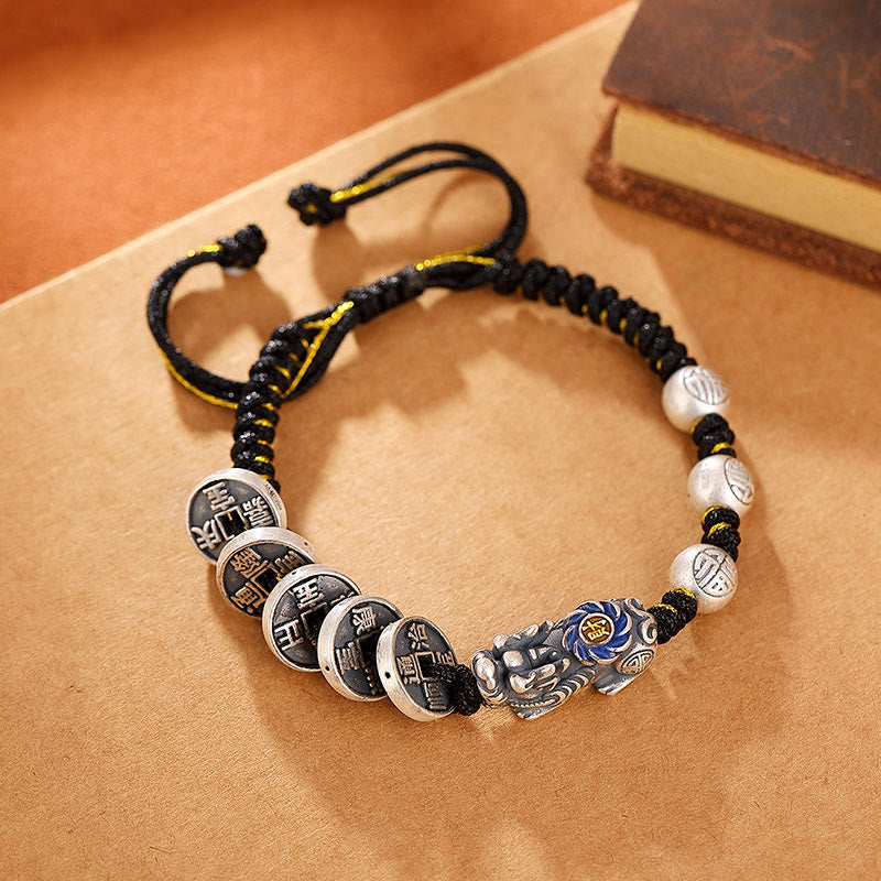 KarmaRipple's 999 Sterling Silver FengShui PiXiu Bronze Coin Fu Character Wealth Woven Bracelet p2
