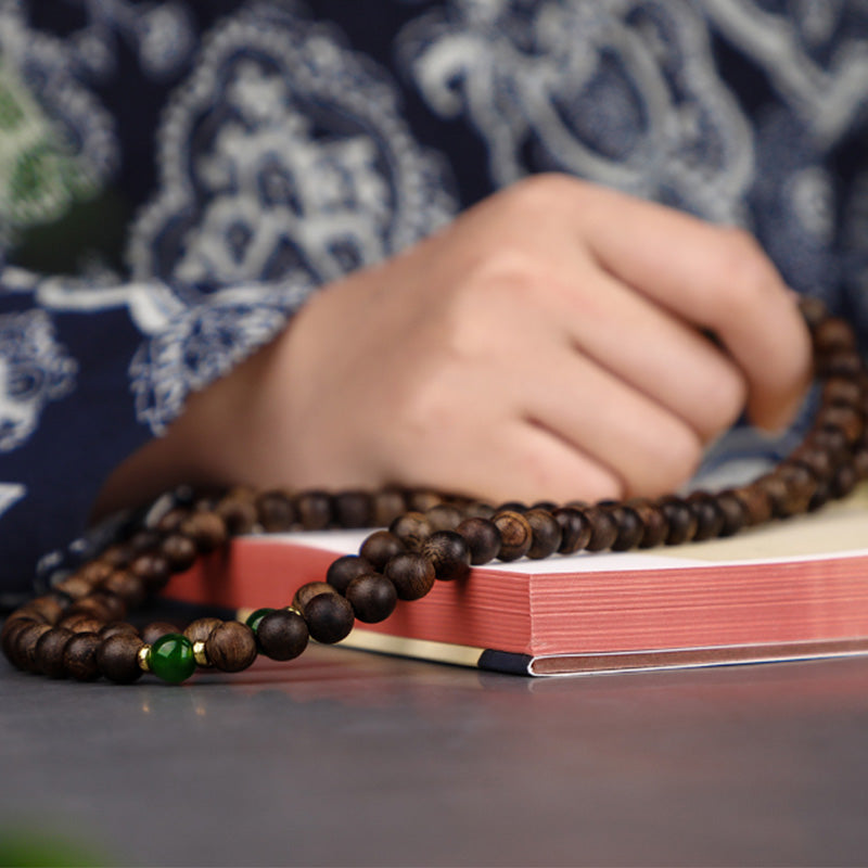 KarmaRipple's 108 Mala Beadwork Indonesia Tarakan Rare Agarwood Cyan Jade Ward Off Evil Spirits Bracelet p14
