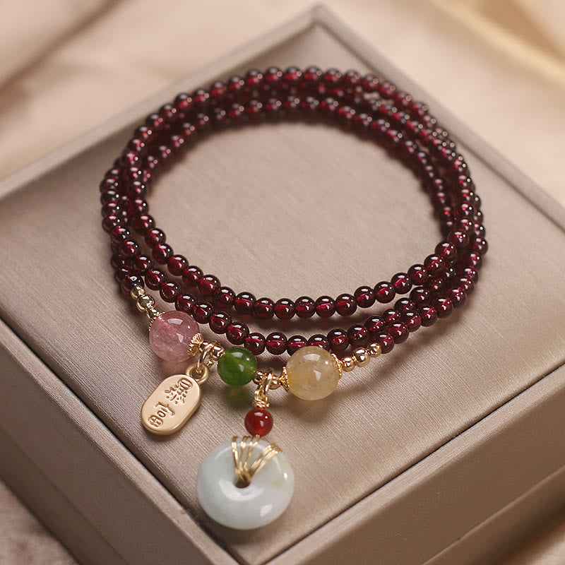 KarmaRipple's Authentic Garnet Strawberry Quartz Gemstone Fox Koi Fish Peace Buckle Fortune Protection Triple Wrap Bracelet p13