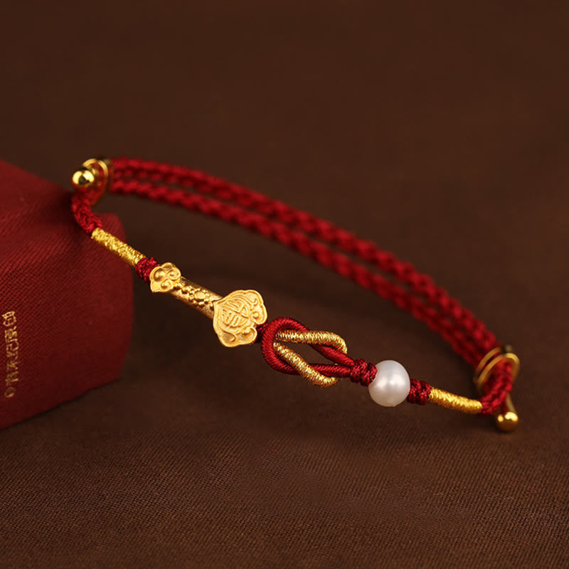 KarmaRipple's 24K Gold Wish Ruyi Handle Fu Character Rabbit Pearl Fortune Woven Bracelet p11