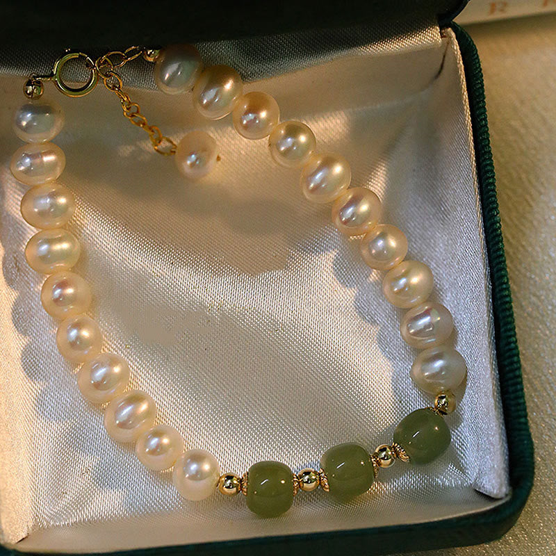 KarmaRipple's 14K Gold Plated Authentic Pearl Hetian Cyan Jade Ivory Jade Sincerity Bead Chain Bracelet p5