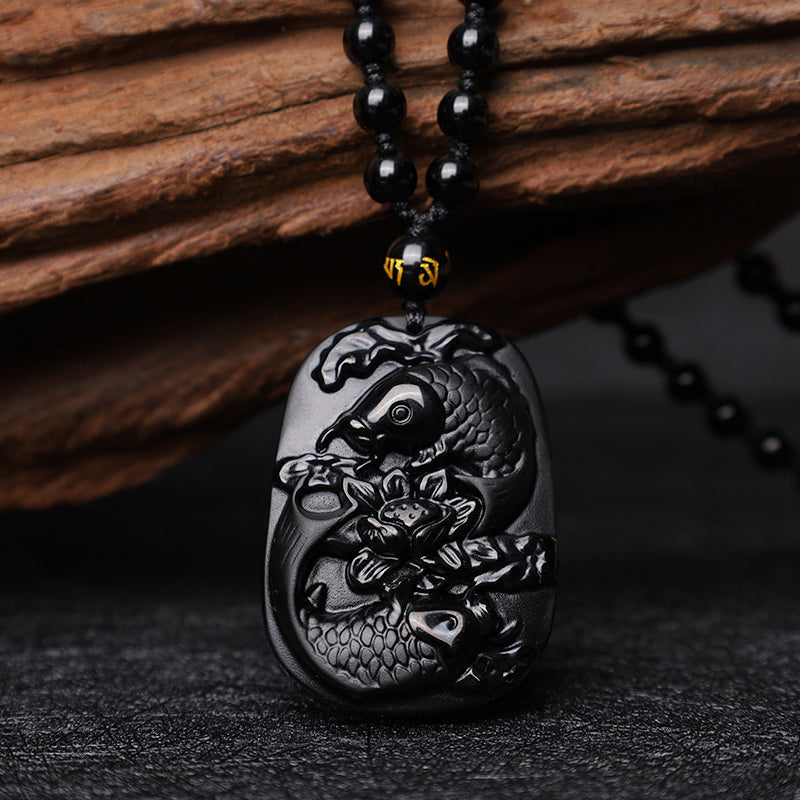 KarmaRipple's Authentic Black Obsidian Koi Fish Lotus Strength Beaded Pendant Necklace p2