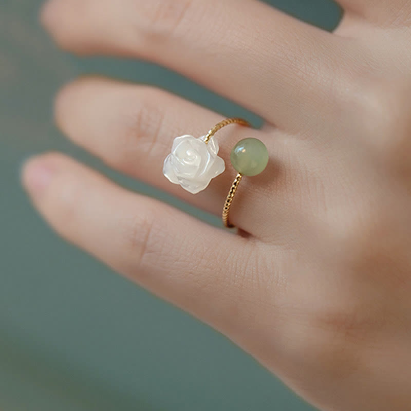 KarmaRipple's 14K Gold Plated Tridacna Stone'se Flower Jade Bead Blessing Ring p4