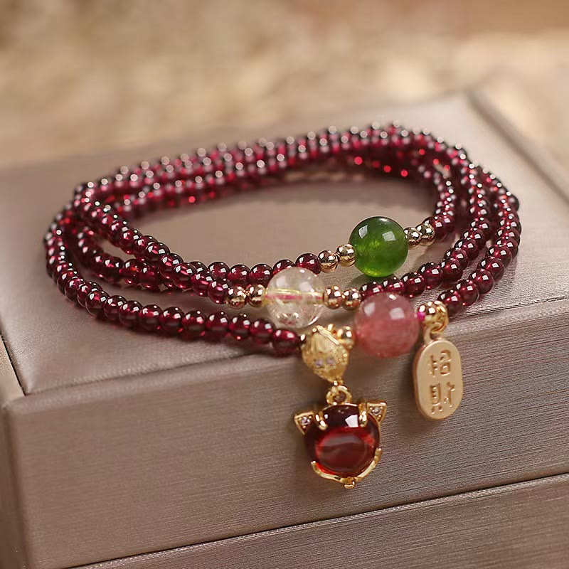 KarmaRipple's Authentic Garnet Strawberry Quartz Gemstone Fox Koi Fish Peace Buckle Fortune Protection Triple Wrap Bracelet p1