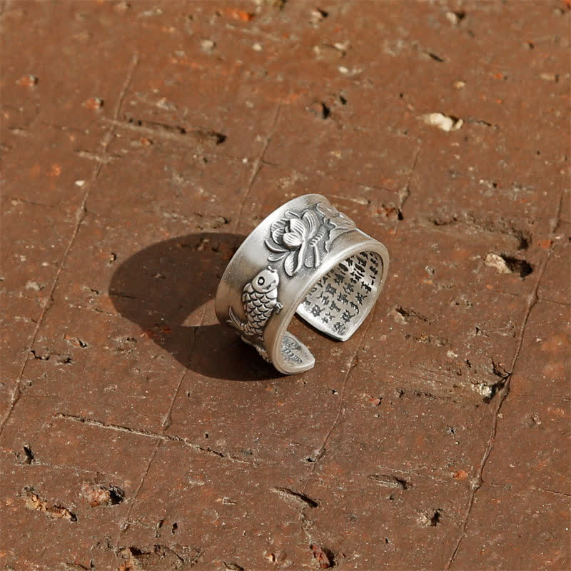 KarmaRipple's 999 Sterling Silver Fortune Koi Fish Lotus Heart Sutra Wealth Ring p11