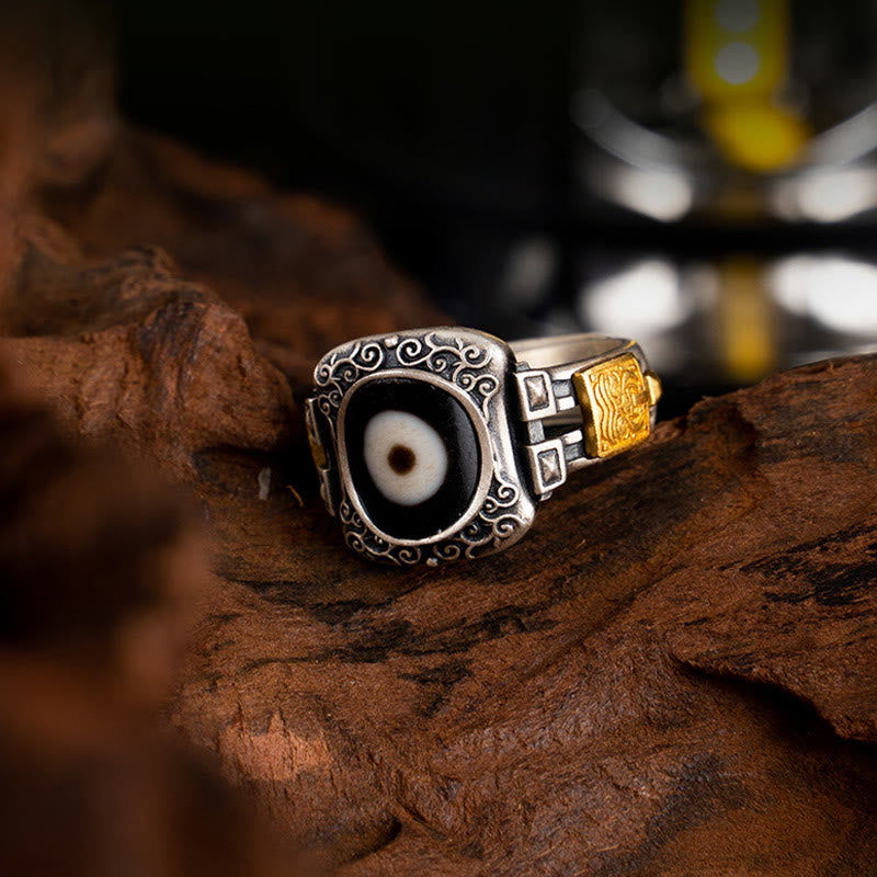 KarmaRipple's 925 Sterling Silver Zakiram Goddess of Wealth Design Dzi Bead Protection Ring p5
