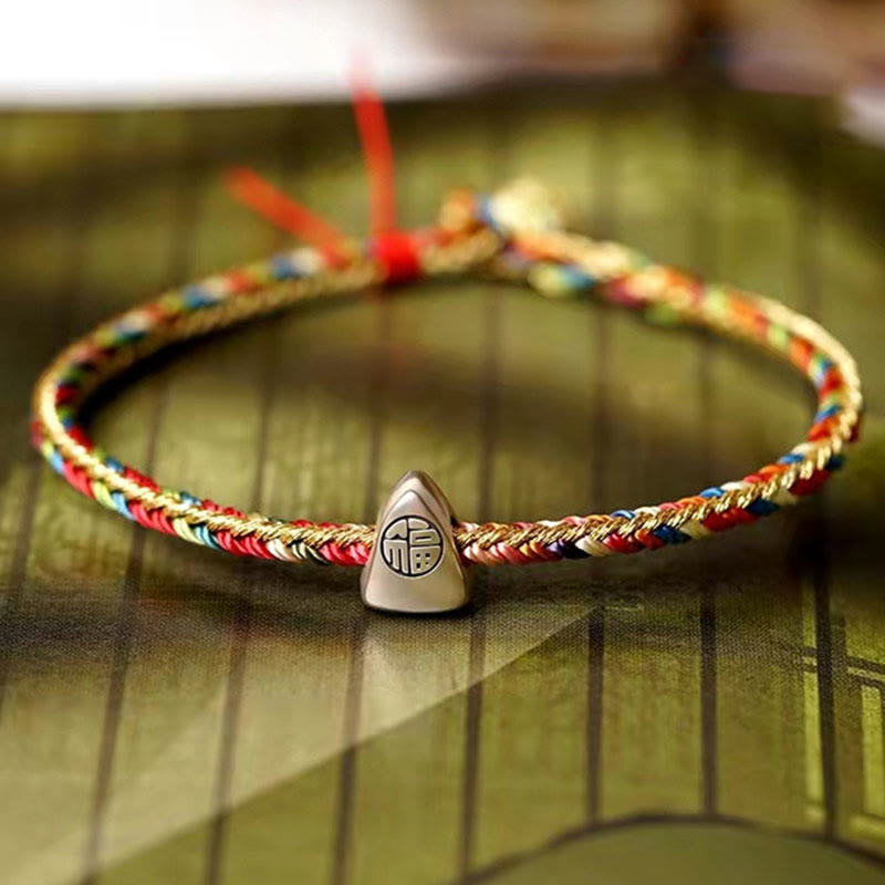 KarmaRipple's 925 Sterling Silver Fu Character Zongzi Pattern Multicolored String Fortune Handmade Woven Bracelet p13