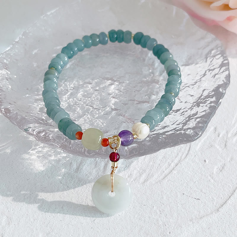 KarmaRipple's Authentic Hetian Jade Pearl Peace Buckle Fu Character Gourd Money Bag Strawberry Quartz PiXiu Fortune Bracelet p12