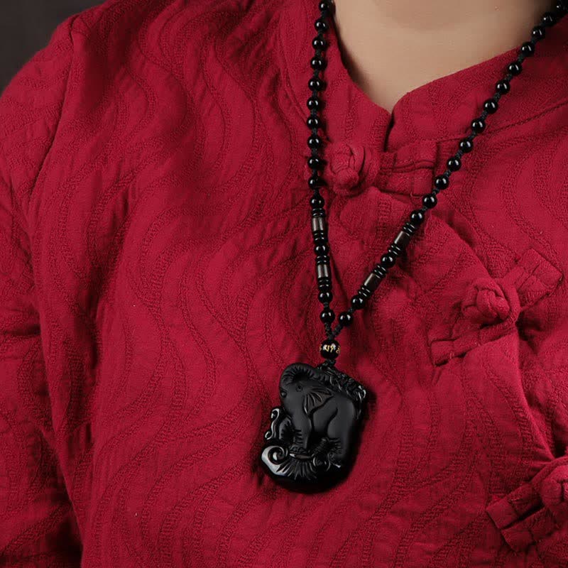 KarmaRipple's Black Obsidian Elephant Protection String Pendant Necklace Key Chain p5