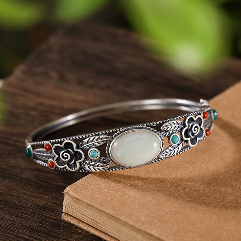 KarmaRipple's Cyan Jade Ivory Jade Flower Leaf Balance Fortune Bracelet Bangle p11