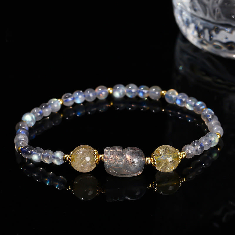 KarmaRipple's Moonstone Strawberry Quartz Tourmaline PiXiu Balancing Bracelet p14