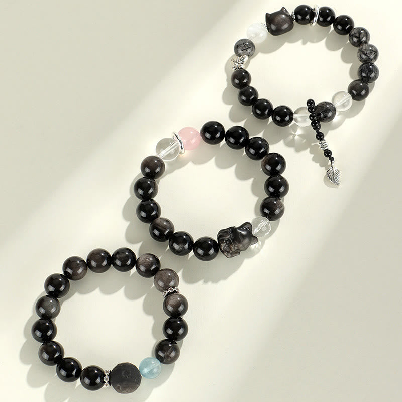 KarmaRipple's Authentic Silver Sheen Obsidian Cat Head Fox Planet Protection Bracelet p11